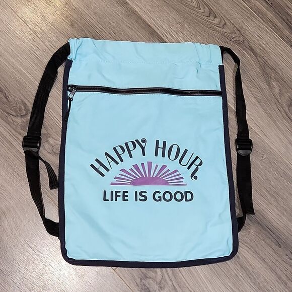 Tiffany Blue HAPPY HOUR LIFE IS GOOD Drawstring Flat Backpack - Picture 1 of 5